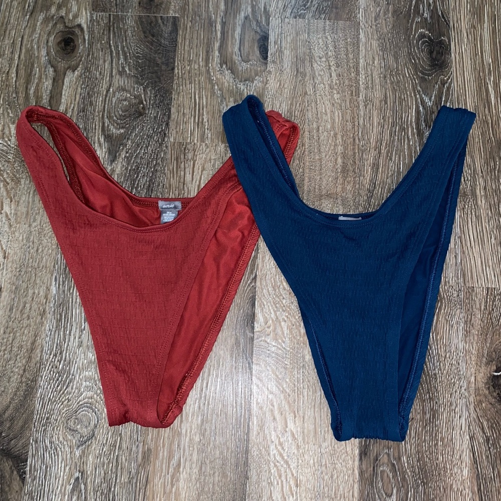 aerie High Cut Bikini Bottoms in Rust Red and Navy Blue